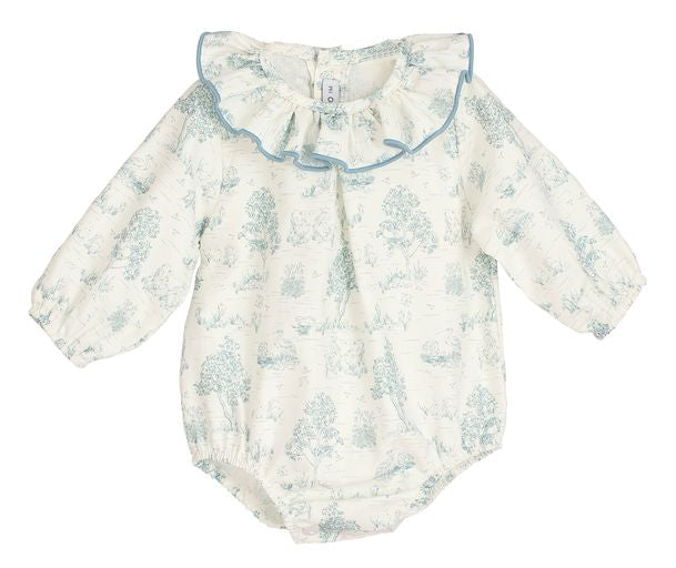 Calamaro Excellentt Ivory & Teal Blue Toile de Jouy Romper
