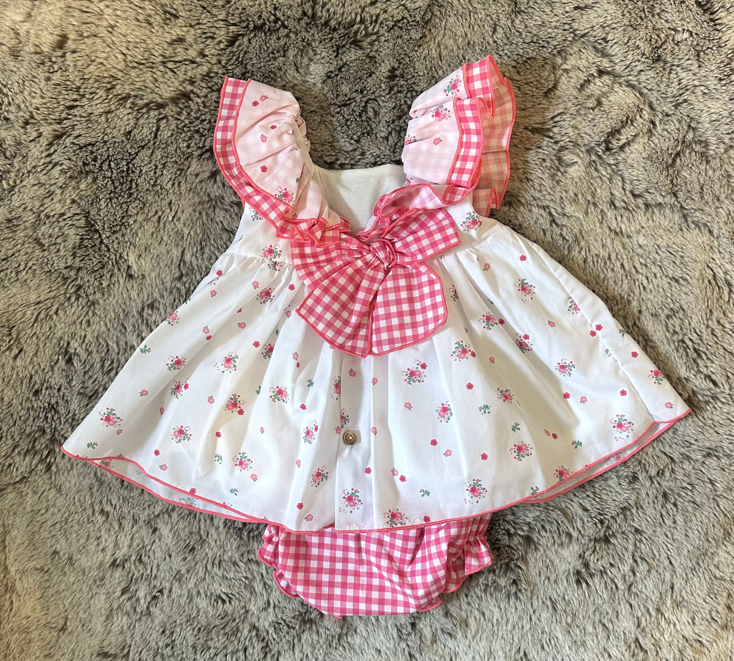Valentina Bebe White & Pink Floral Print Dress & Pants Set