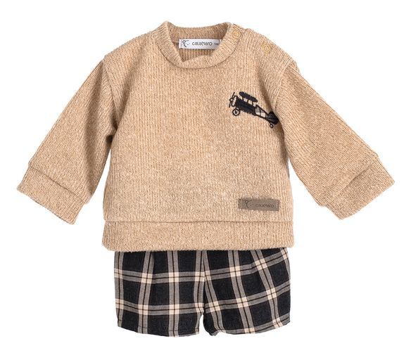 Calamaro Boys Camel & Slate Grey Checked Shorts Set