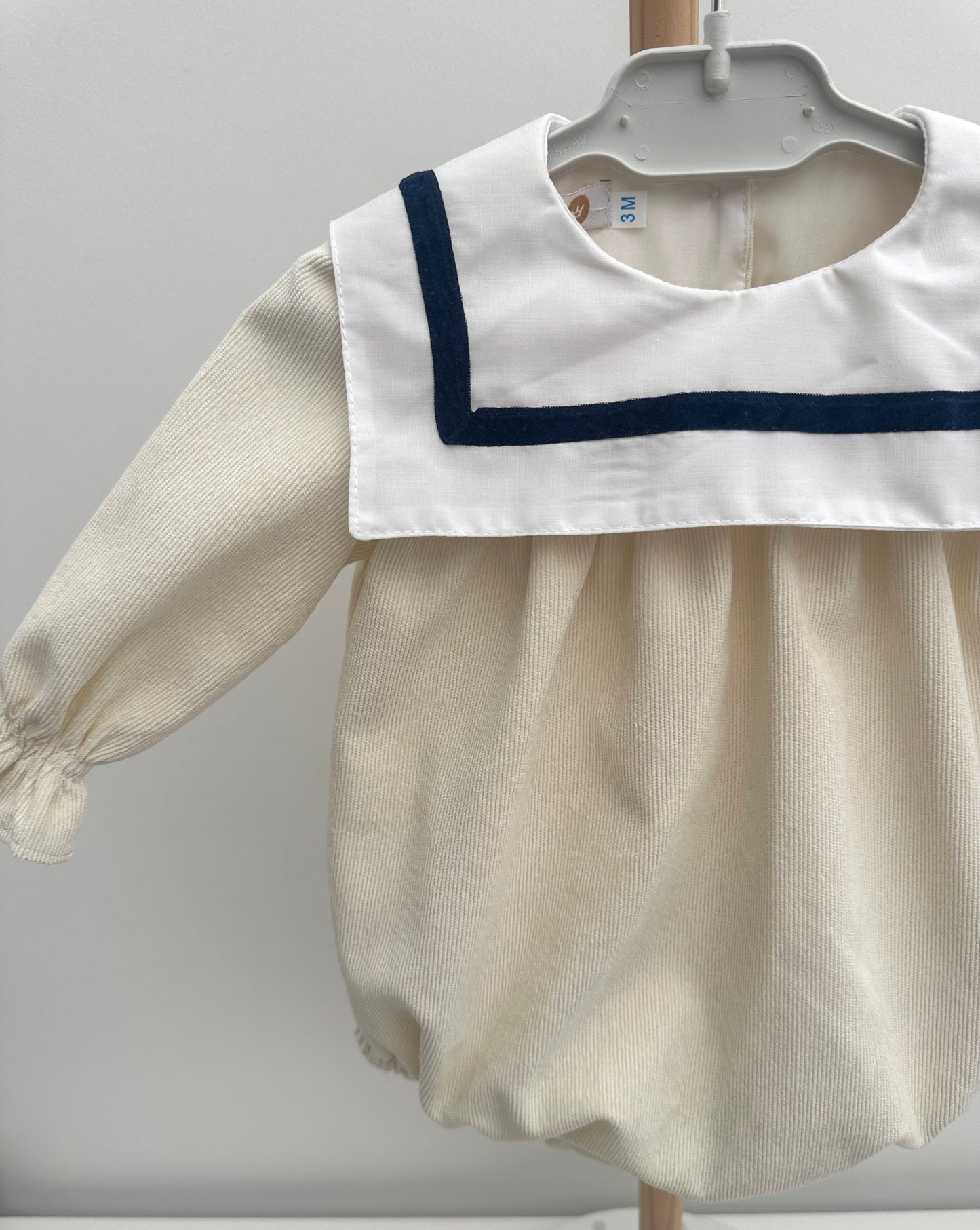 Puro Mimo Cream & Navy Baby Needle Cord Sailor Romper