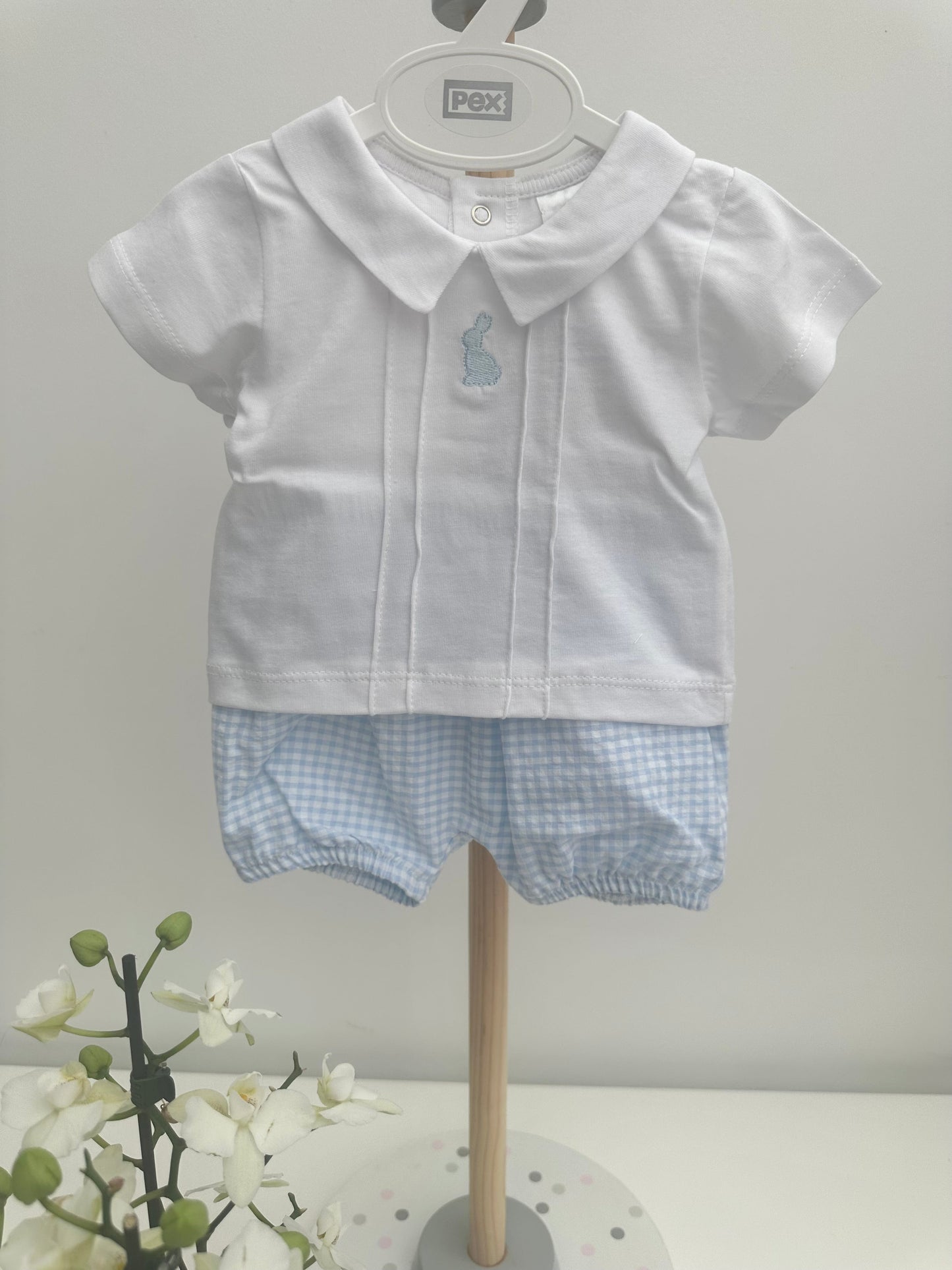 Pex White & Blue Gingham Bunny Shorts Set