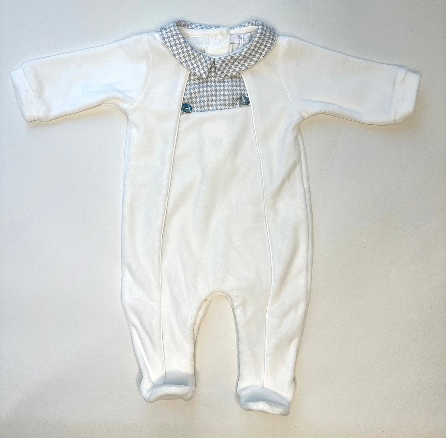 Coccode White Velour Babygrow with Blue & Beige Check Collar