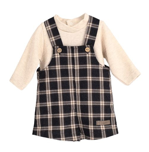 Calamaro Boys Camel & Slate Grey Checked Dungaree Short Set