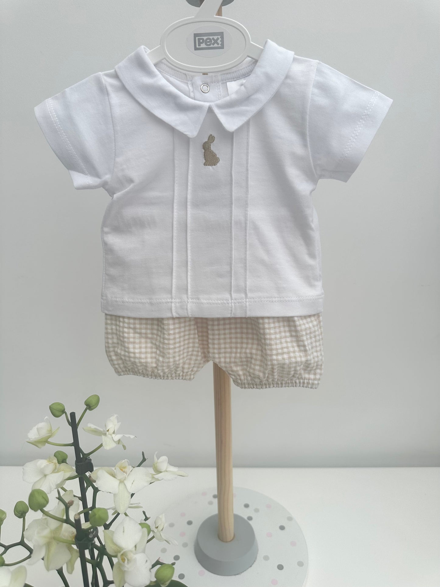 Pex White & Beige Gingham Bunny Shorts Set