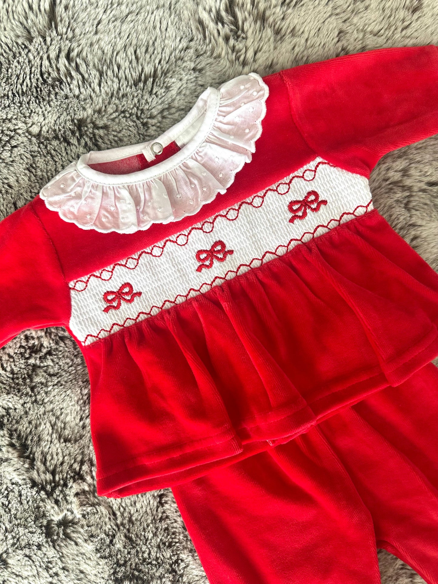 Pex Red Velour 2-Piece Smocked Babygrow Set