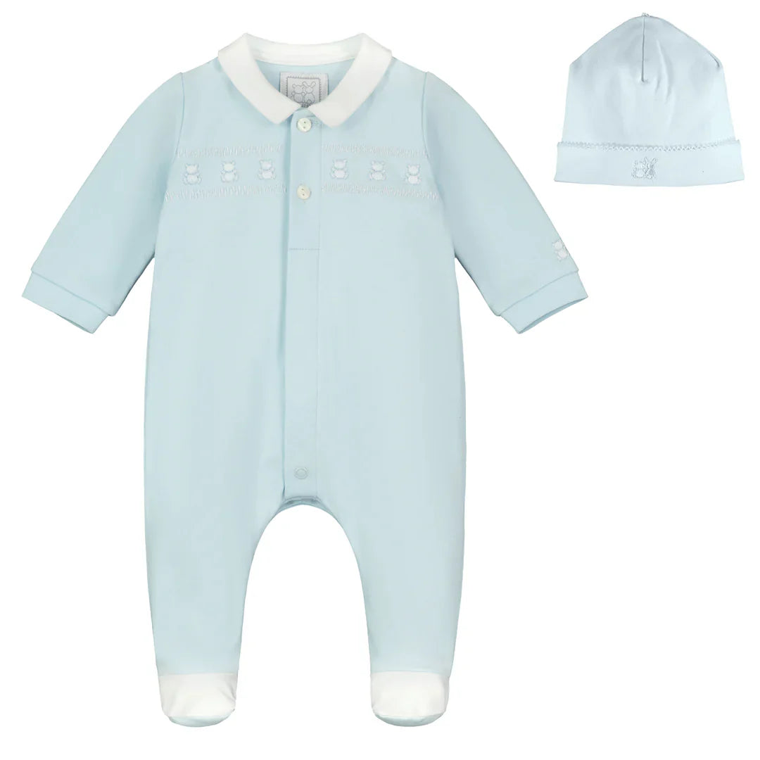 Emile et Rose ‘Fisher’ Blue Bear Embroidered Babygrow & Hat Set