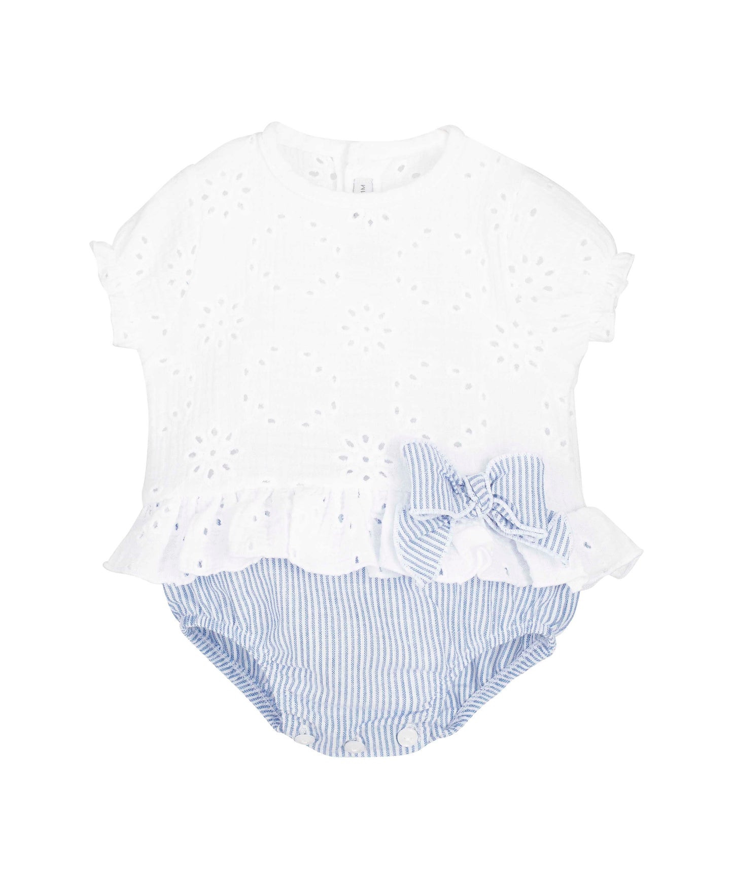Calamaro Baby Girls Broderie Anglaise Blue Striped Romper