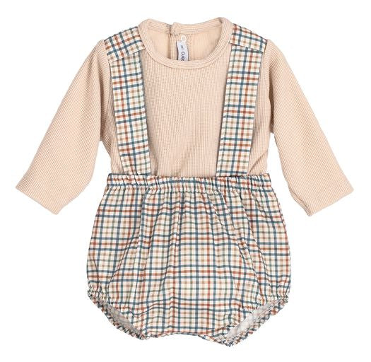 Calamaro Boys Camel & Green Check Braced Jam Pant Set