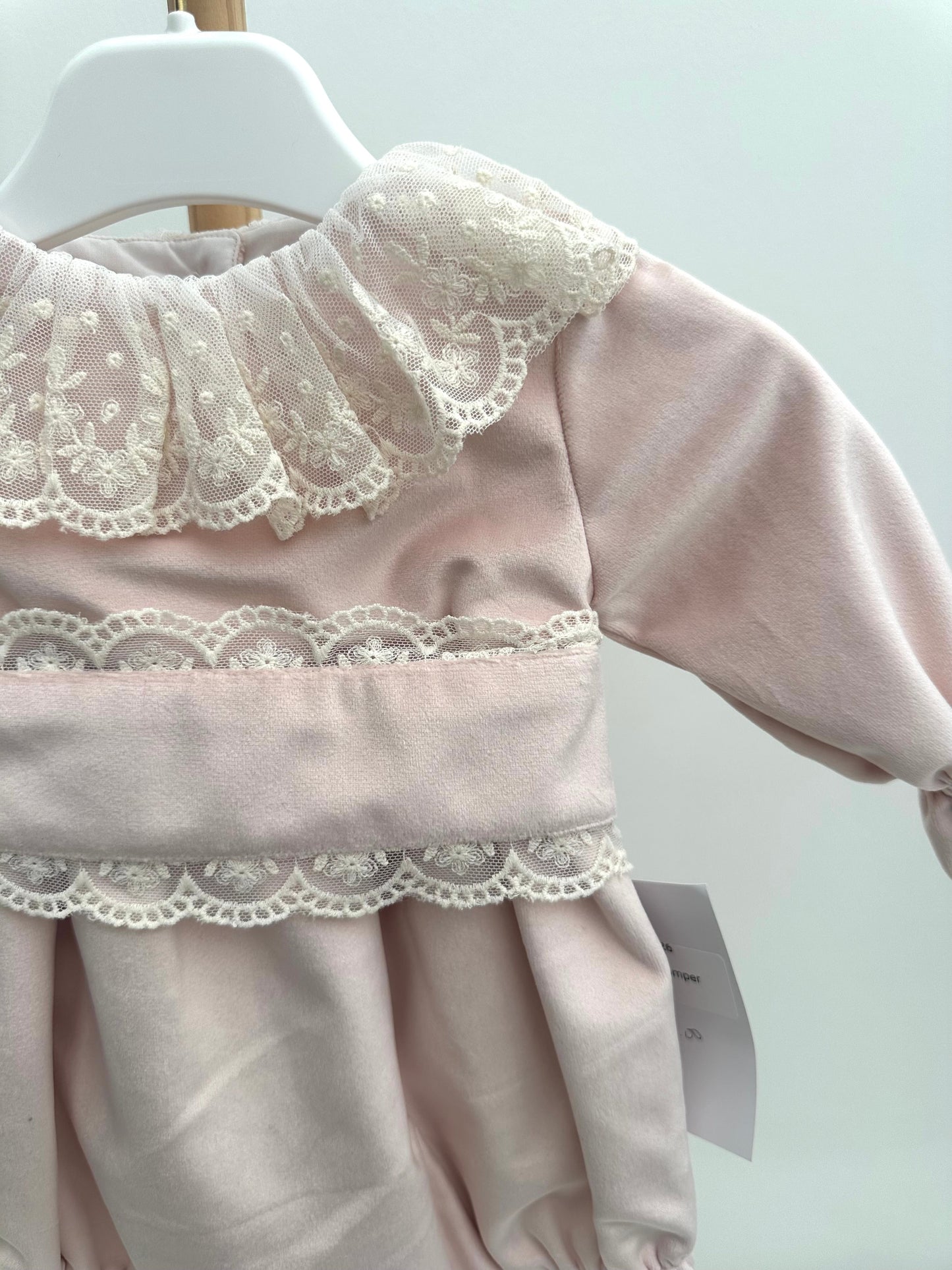 Puro Mimo Shell Pink Velvet & Ivory Lace Romper