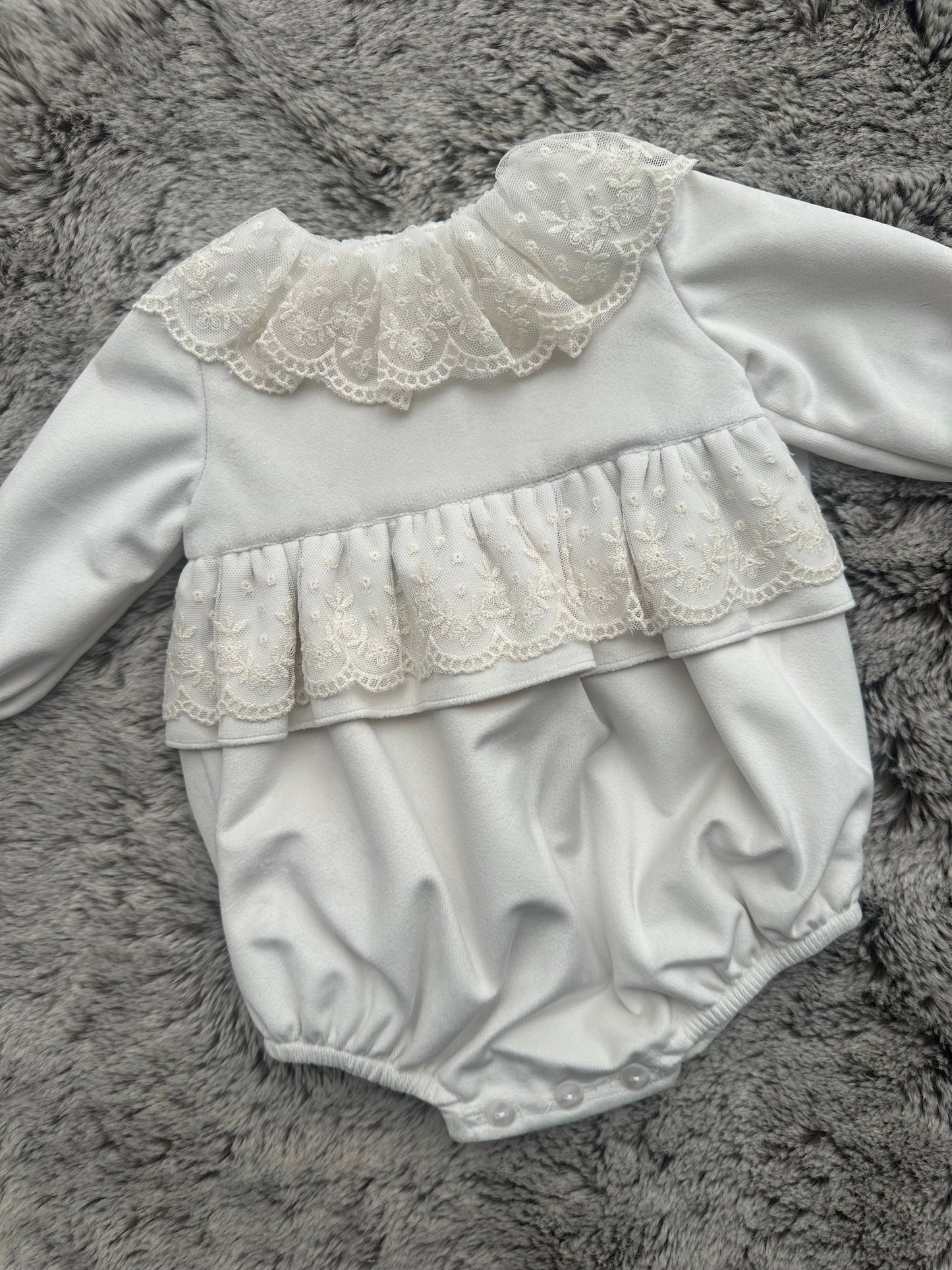Puro Mimo Ivory Velvet Lace Trimmed Romper