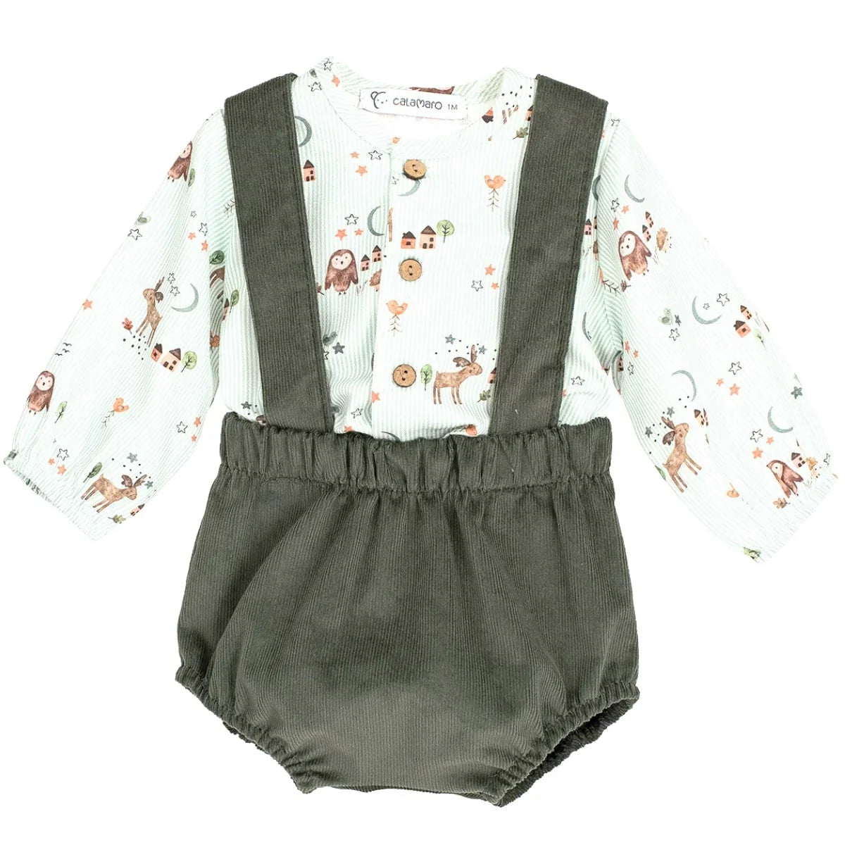Calamaro Boys White & Green Corduroy Woodland Print Jam Pant Set
