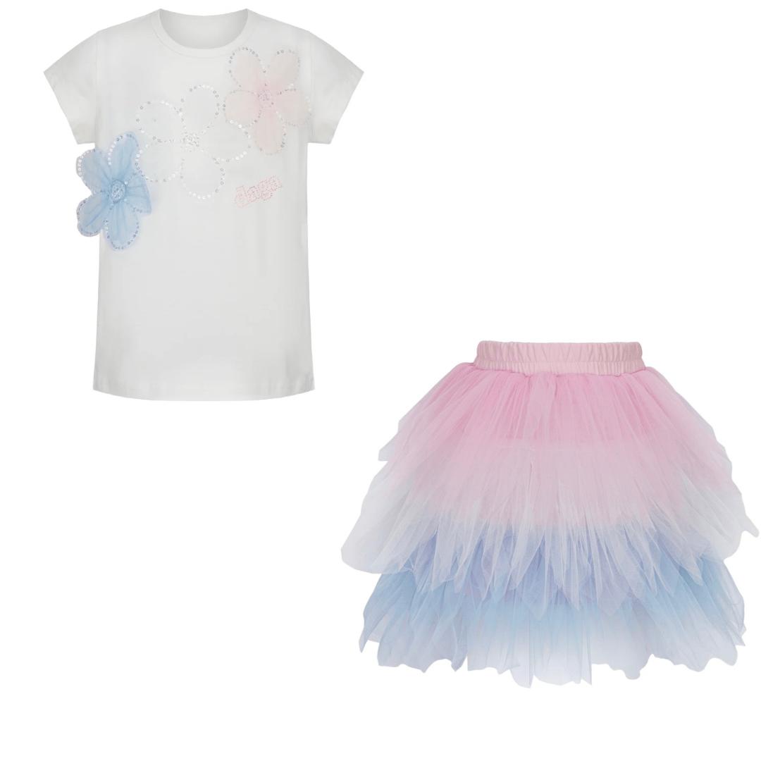 Daga White Flower Motif T-Shirt & Multi-Coloured Tulle Skirt Set
