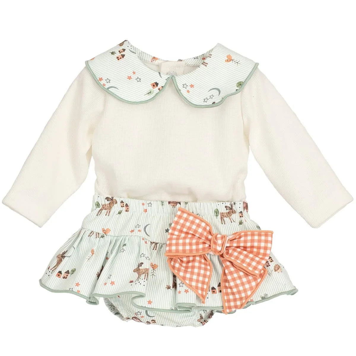 Calamaro Girls White & Green Striped Jam Pant Set