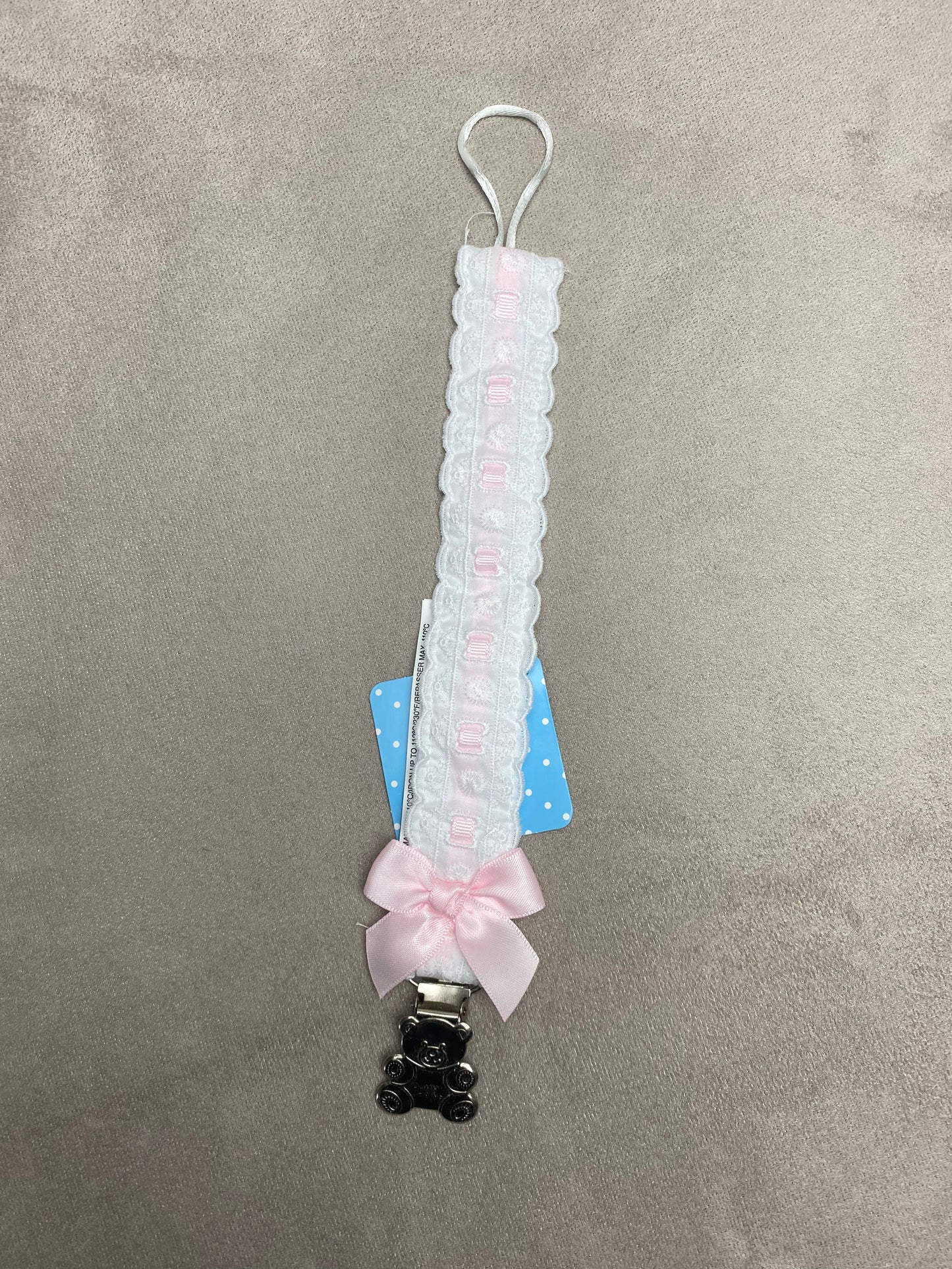 Sardon White & Pink Lace Ribbon Trimmed Dummy Clip