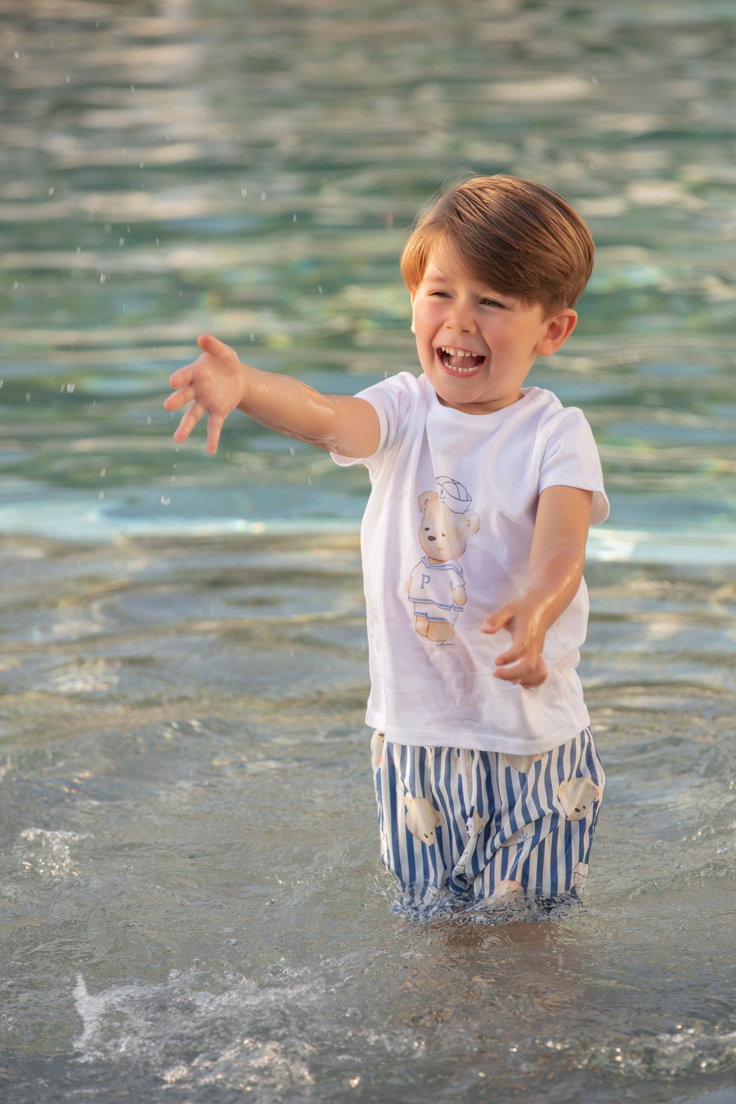 SS23 Patachou Boy’s Blue Stripe Sailor Bear Swim Shorts