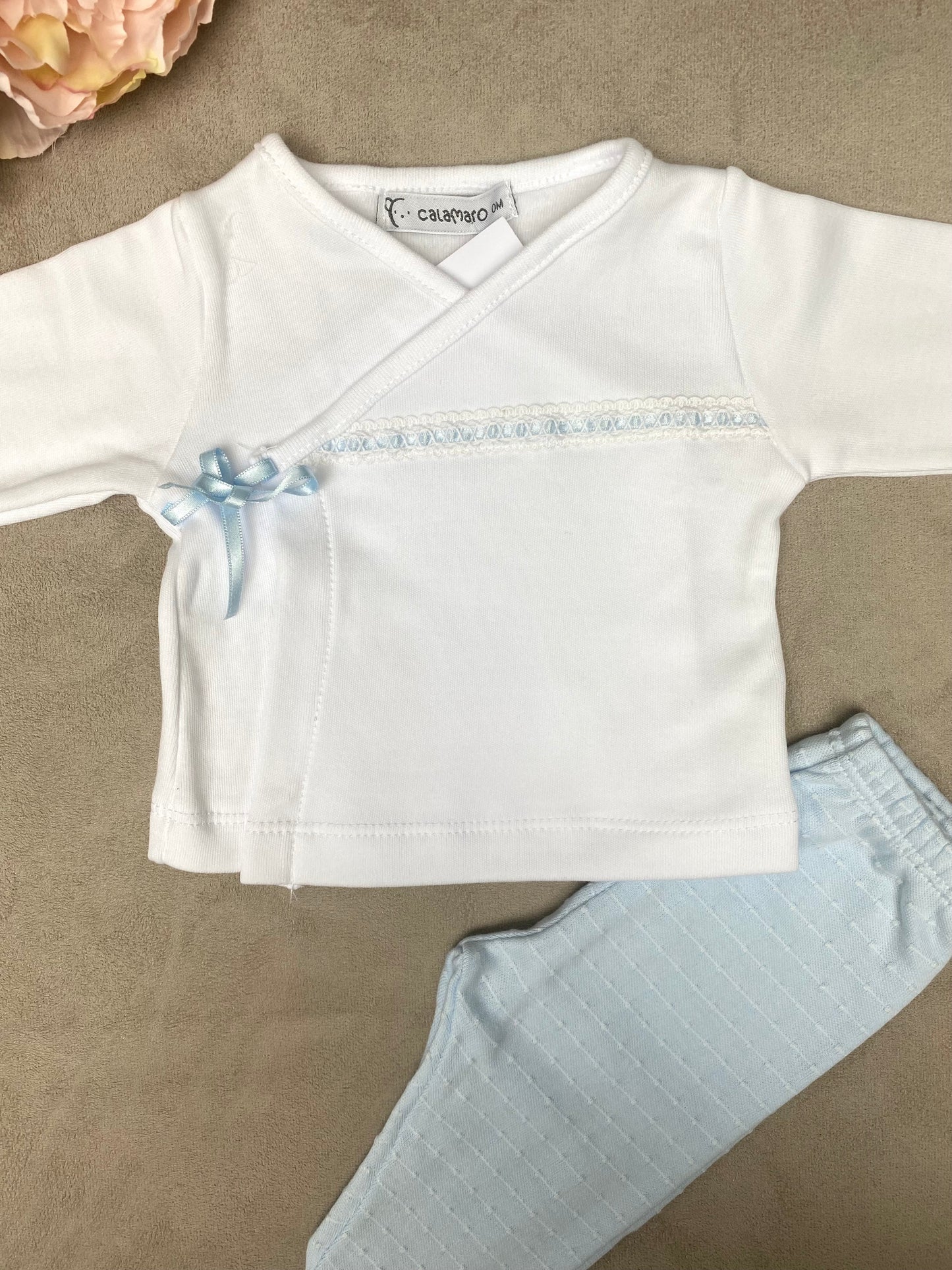 Calamaro White & Blue 2-Piece Ribbon Trimmed Babygrow