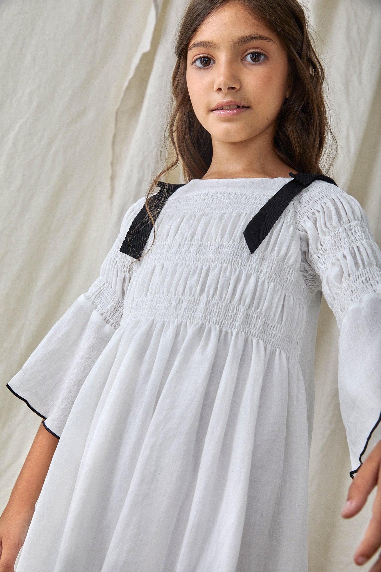SS22 Nueces Kids Ivory & Black Shirred Dress