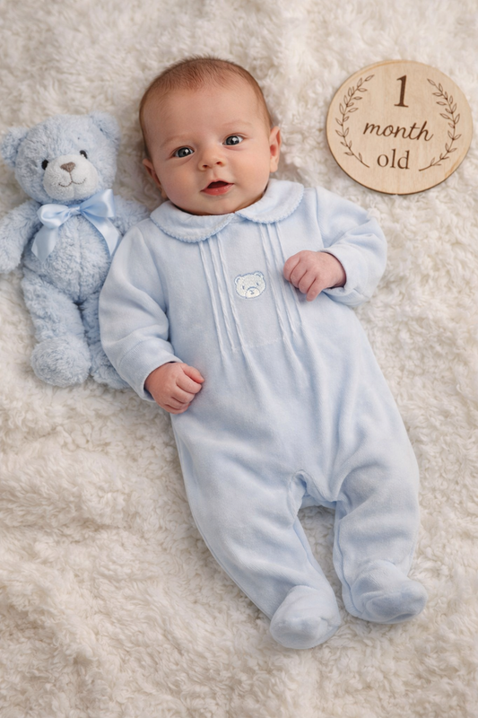 Pex Blue Velour Bear Babygrow