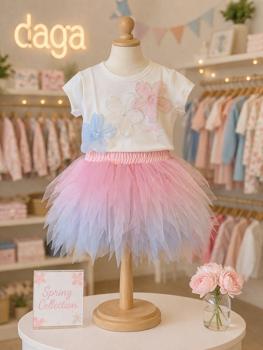 Daga White Flower Motif T-Shirt & Multi-Coloured Tulle Skirt Set