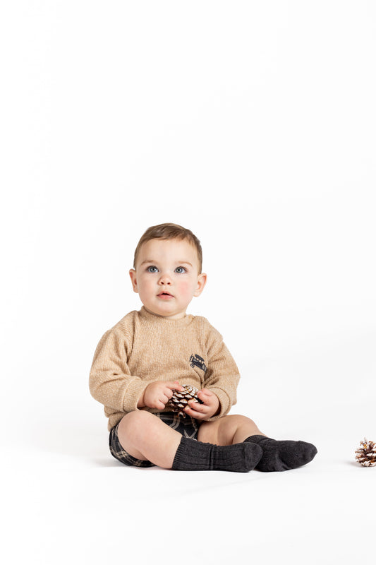 Calamaro Boys Camel & Slate Grey Checked Shorts Set