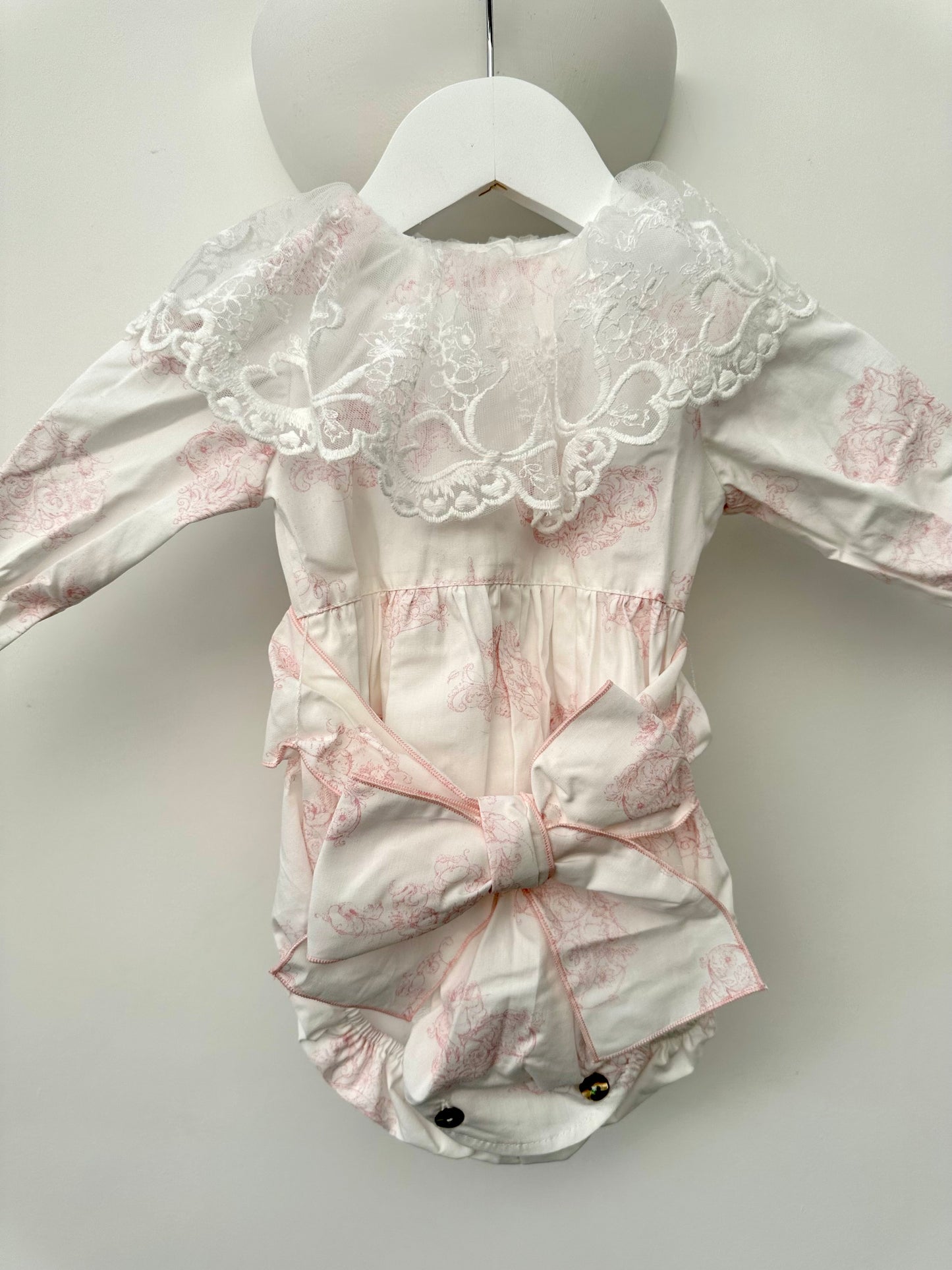 Phi Ivory & Pale Pink Angel Print Frill Collared Romper