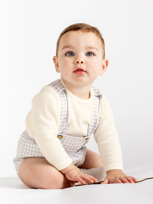 Calamaro Boys White & Baby Blue Gingham Dungaree Romper Set