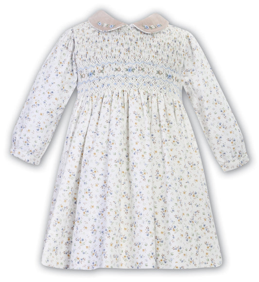AW23 Sarah Louise Ivory, Beige & Blue Ditsy Print Smocked Dress
