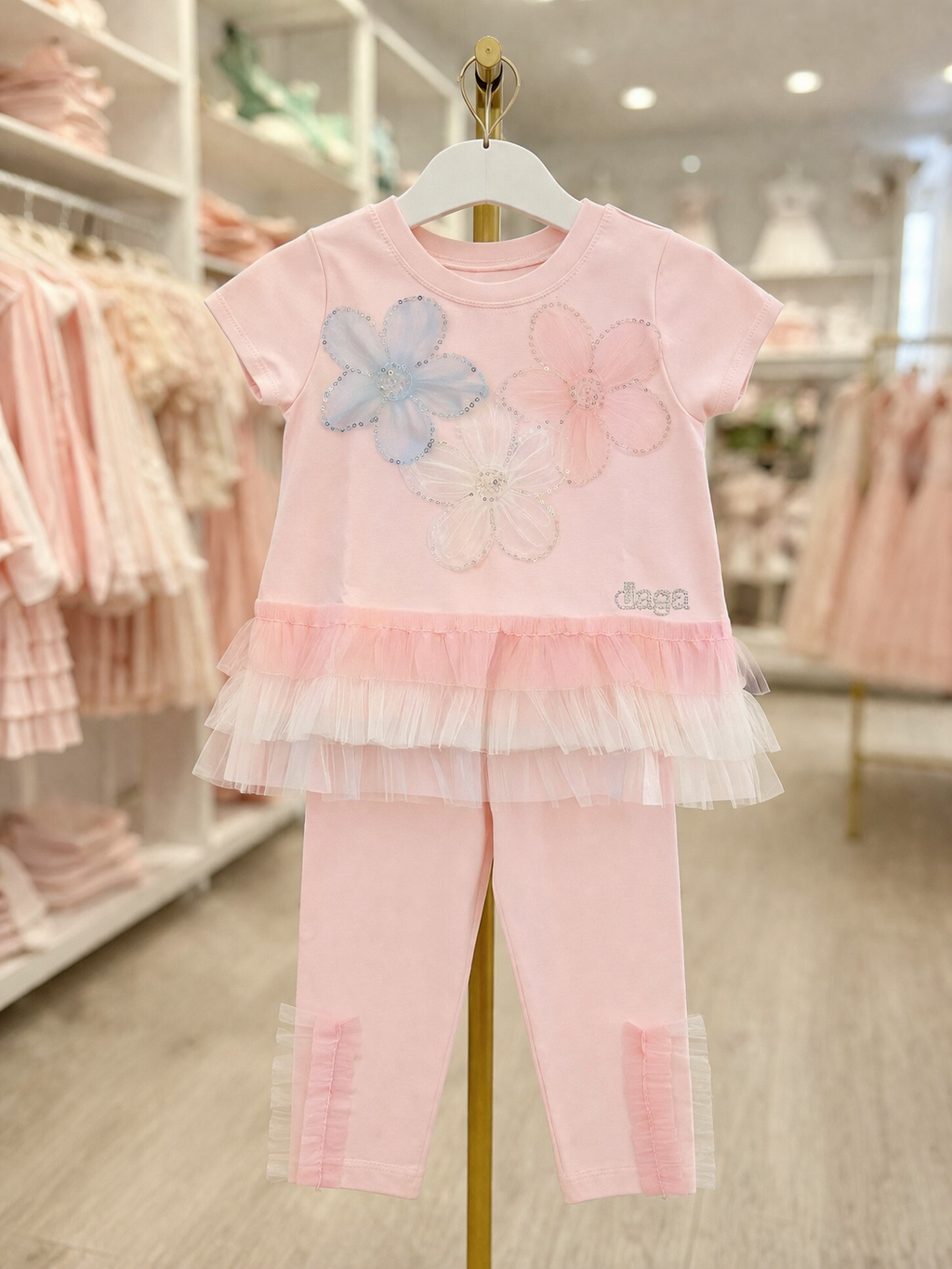 Daga Pastel Pink Flower Motif Legging and Tunic Set