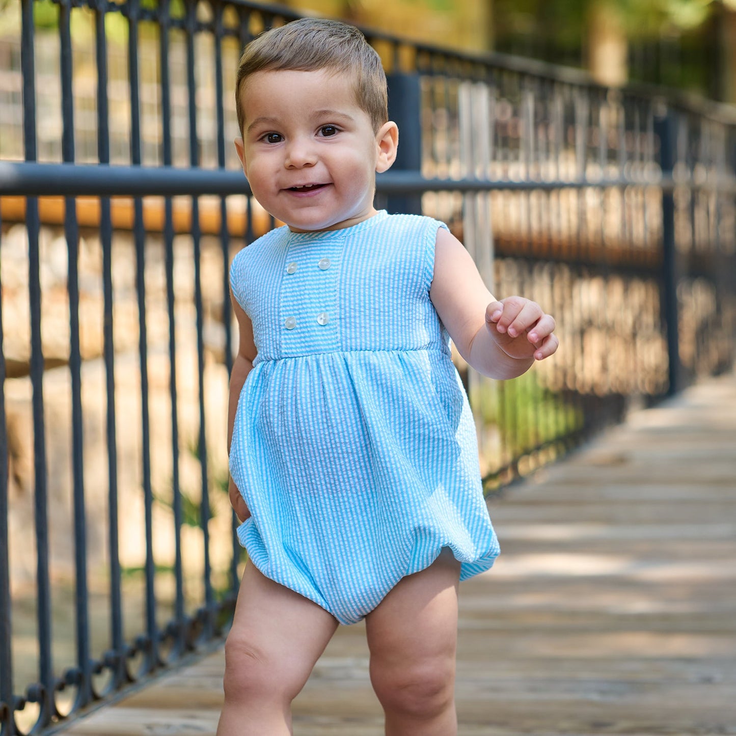 Rapife Turquoise & White Stripe Seersucker Boys Romper