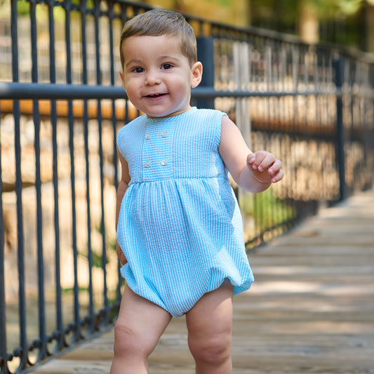 Rapife Turquoise & White Stripe Seersucker Boys Romper