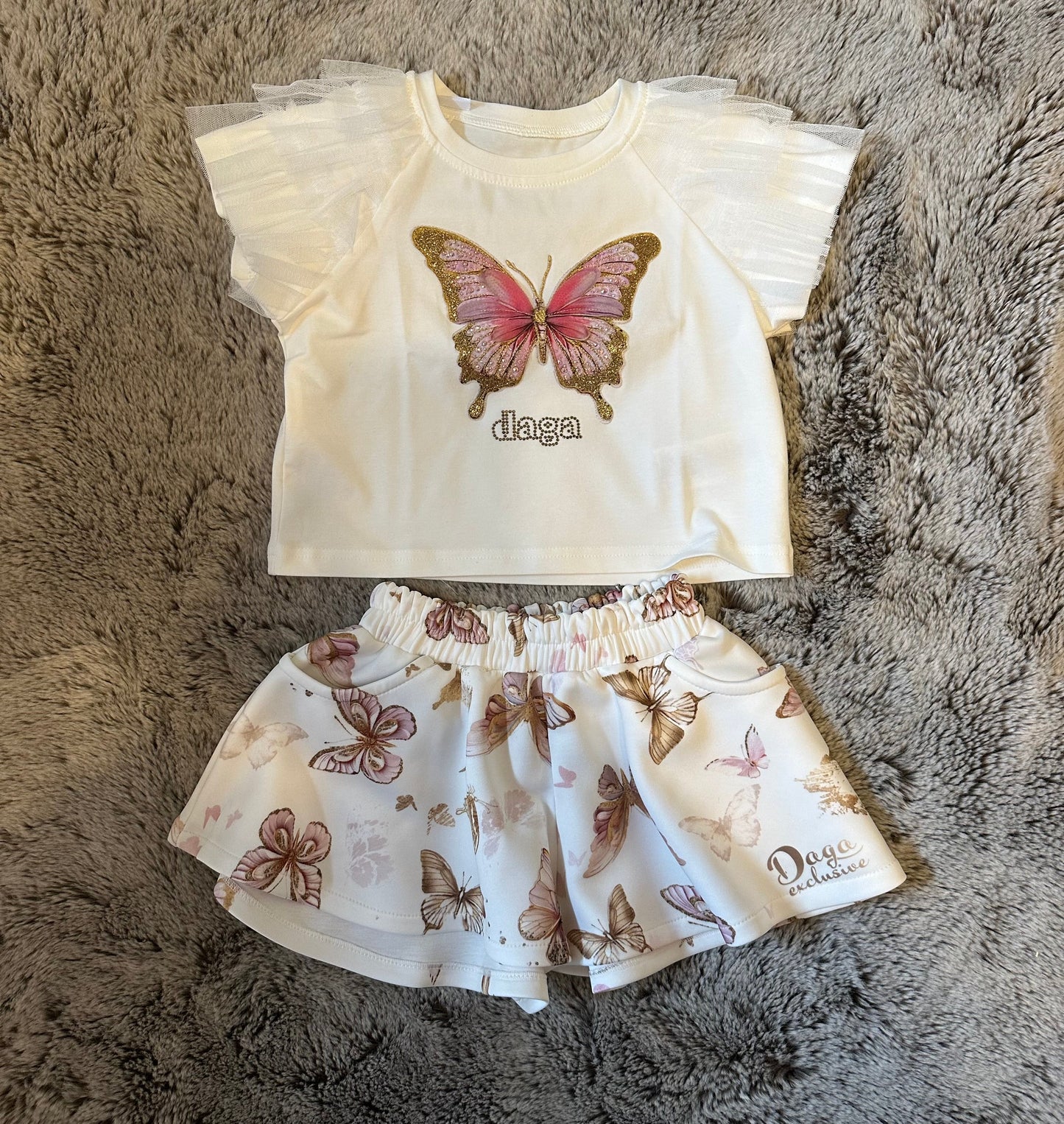 Daga Ivory Butterfly Print Shorts & Tulle trimmed Top Set