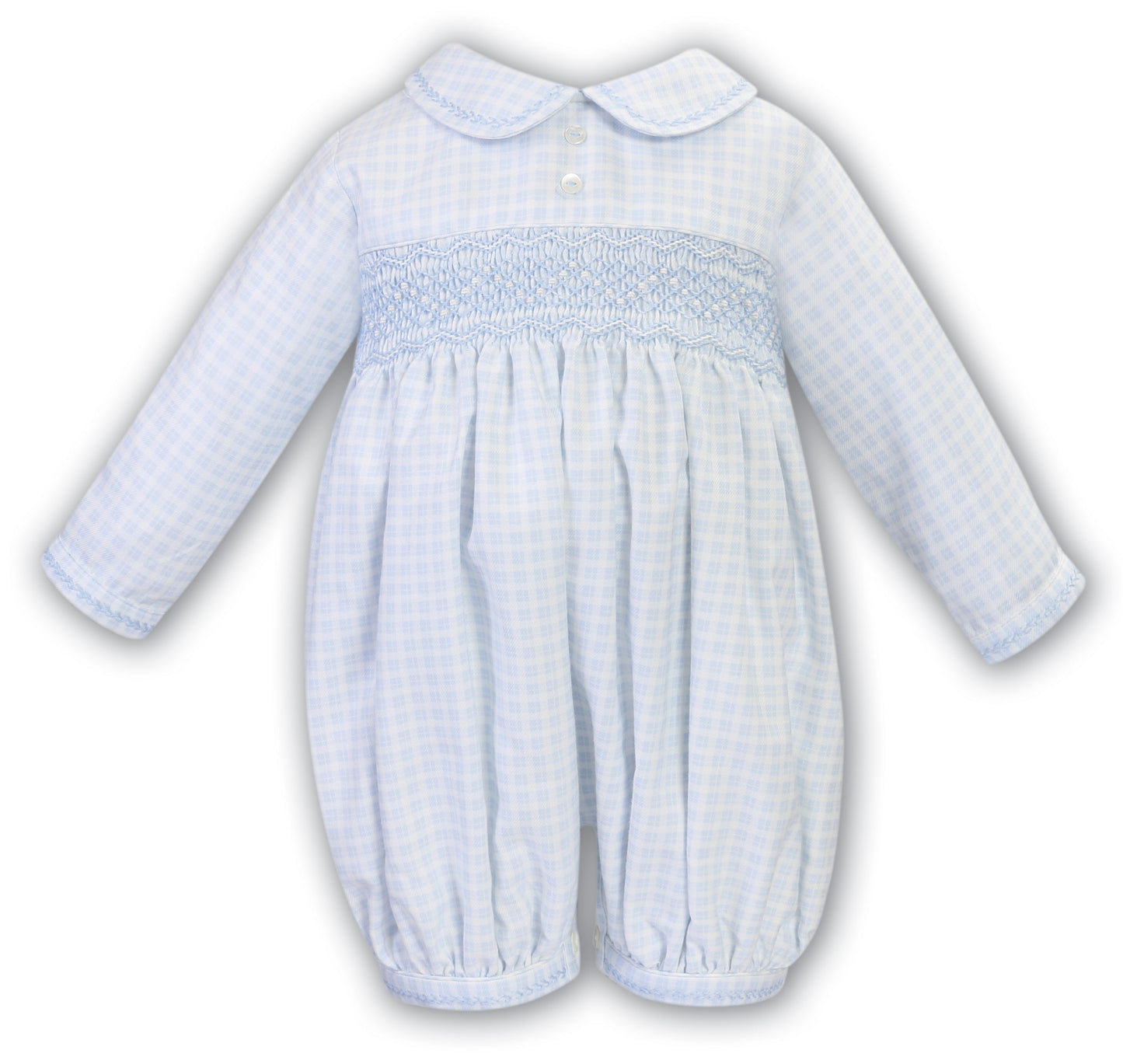 AW23 Sarah Louise Pastel Blue & White Print Smocked Romper