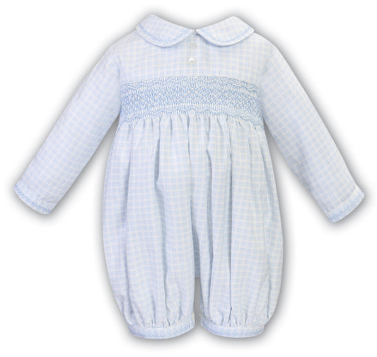 AW23 Sarah Louise Pastel Blue & White Print Smocked Romper