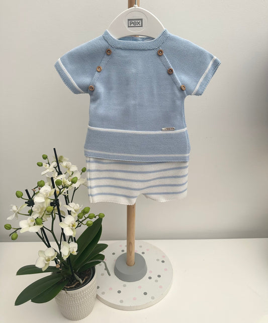 Pex Baby Blue & White Striped Knitted Shorts Set