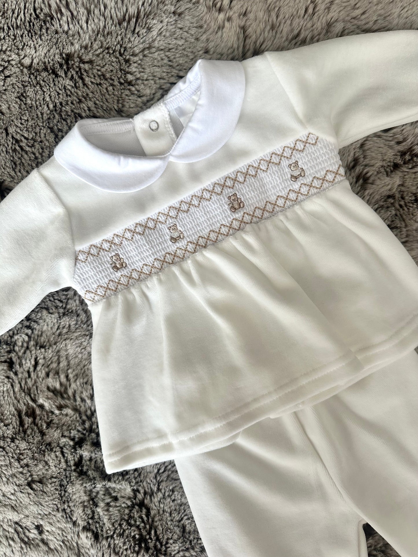 Pex Pearl Velour Smocked Teddy Bear 2-Piece Babygrow