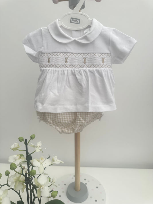 Pex White & Beige Gingham Bunny Jam Pant Set