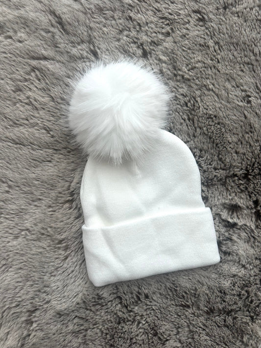 White Single Pompom Baby Hat
