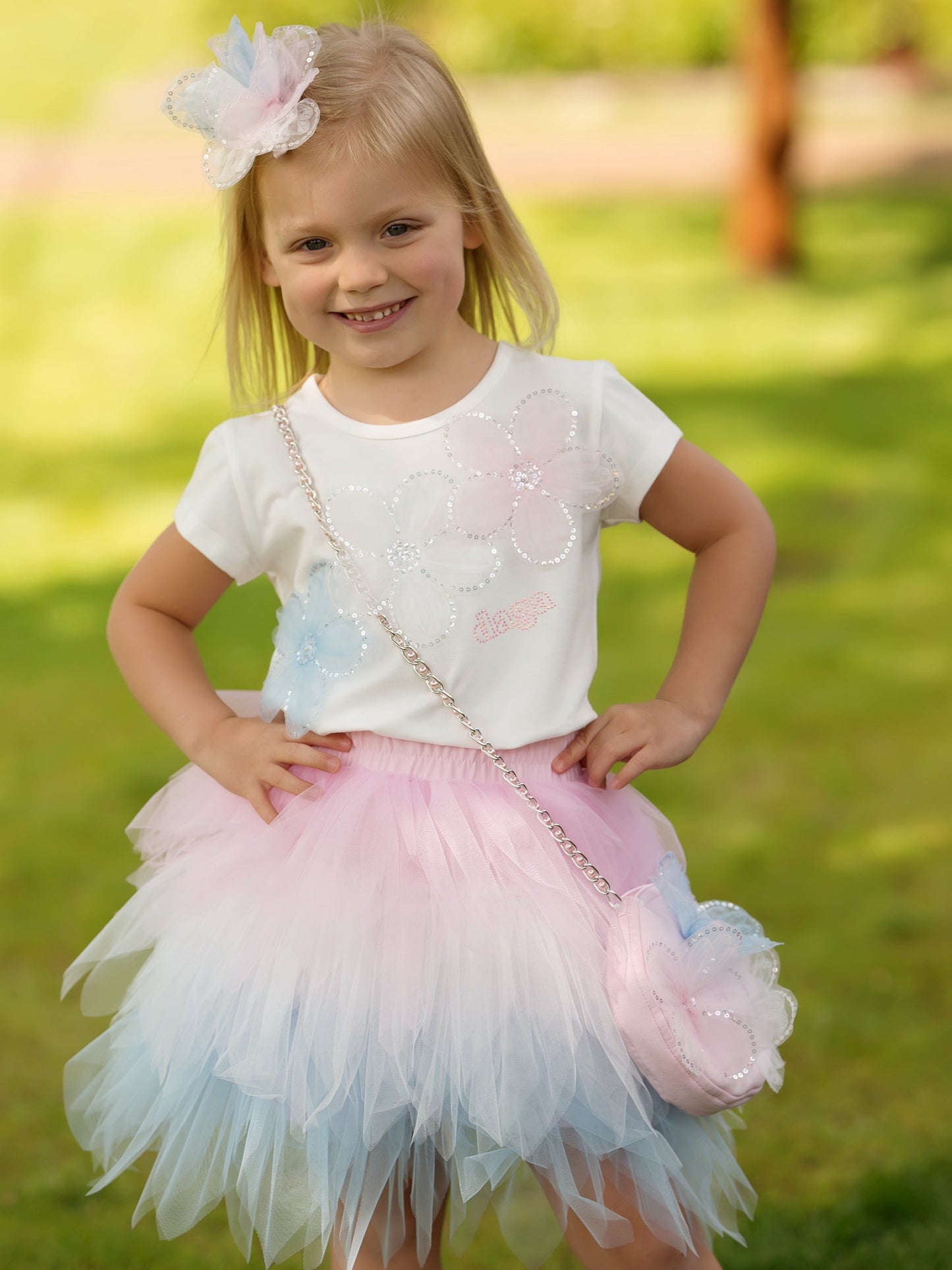 Daga White Flower Motif T-Shirt & Multi-Coloured Tulle Skirt Set