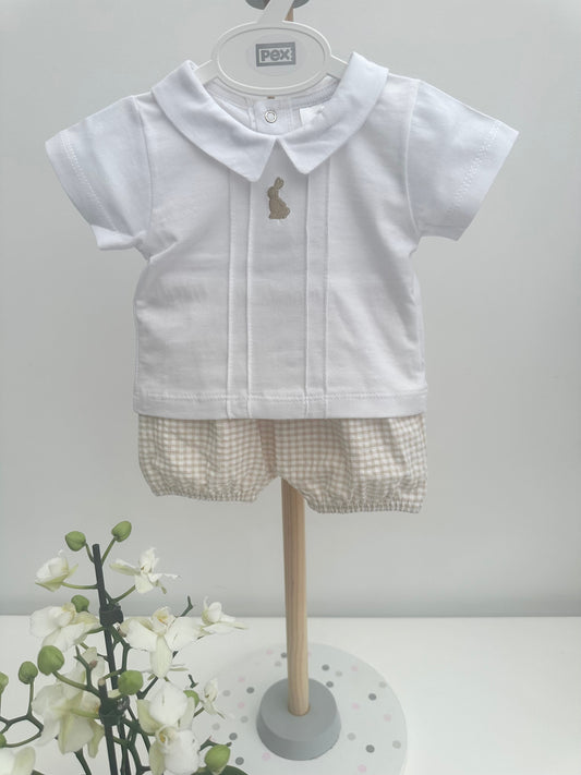 Pex White & Beige Gingham Bunny Shorts Set