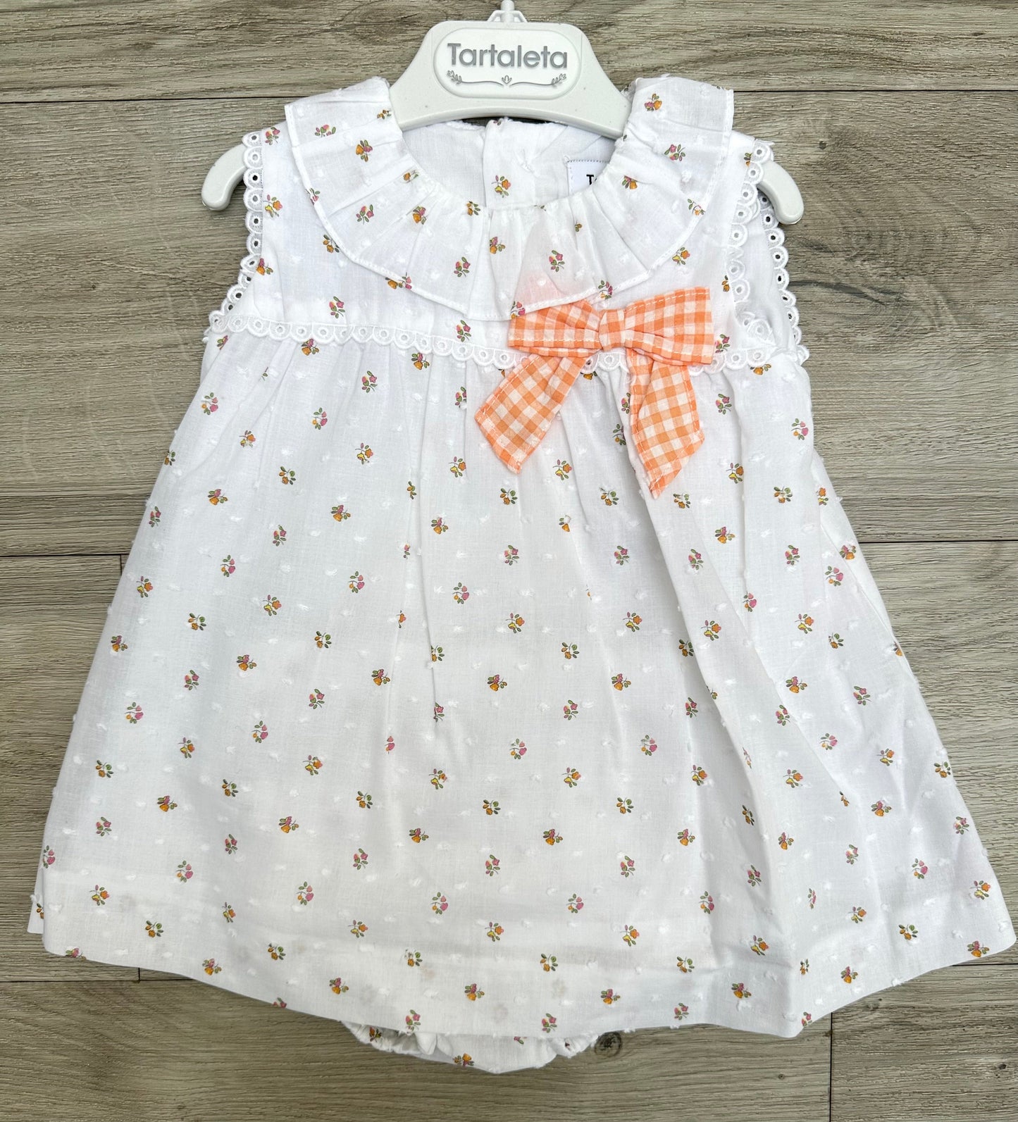 Tartaleta White & Orange Gingham Trimmed Smocked Dress & Pant Set