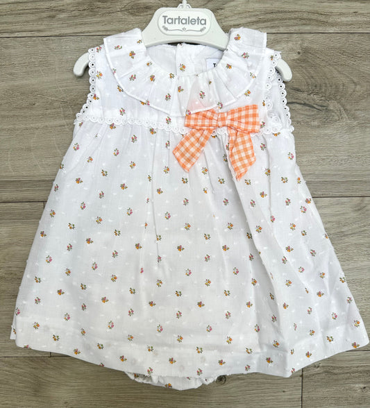 Tartaleta White & Orange Gingham Trimmed Smocked Dress & Pant Set