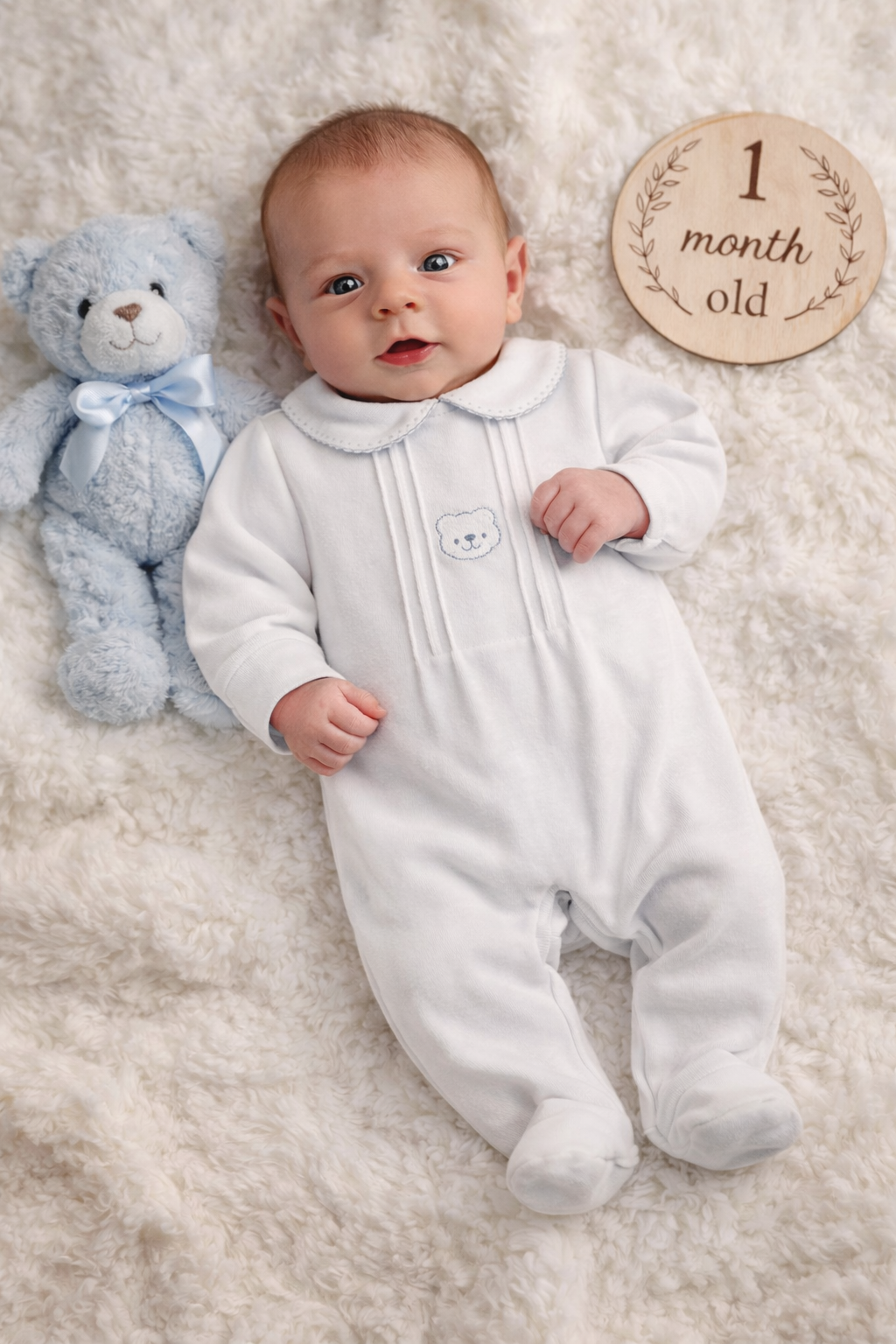 Pex Unisex White Velour Bear Babygrow