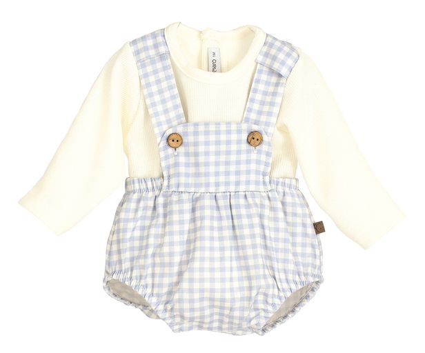 Calamaro Boys White & Baby Blue Gingham Dungaree Romper Set