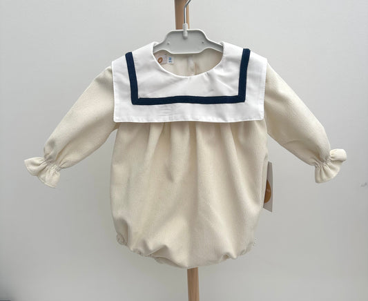 Puro Mimo Cream & Navy Baby Needle Cord Sailor Romper