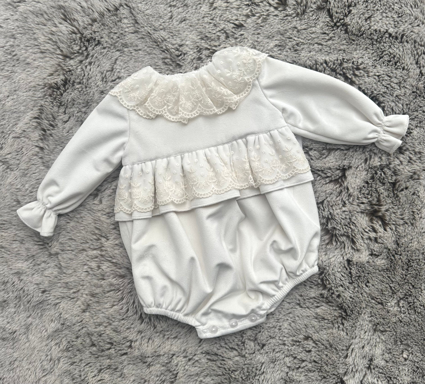 Puro Mimo Ivory Velvet Lace Trimmed Romper