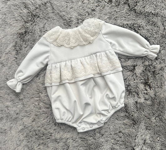 Puro Mimo Ivory Velvet Lace Trimmed Romper