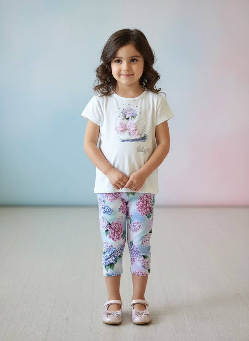 Daga White Swan Motif T-Shirt & Pink Hydrangea Print Legging Set