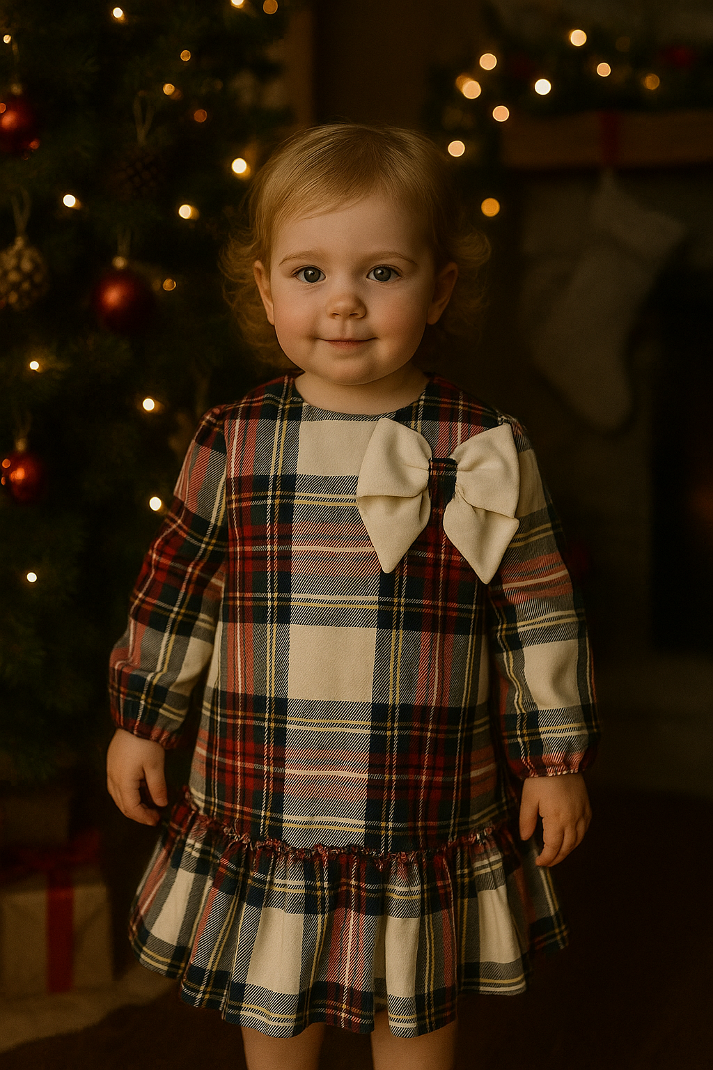 Meraki Tartan Ivory Bow Trimmed Dress