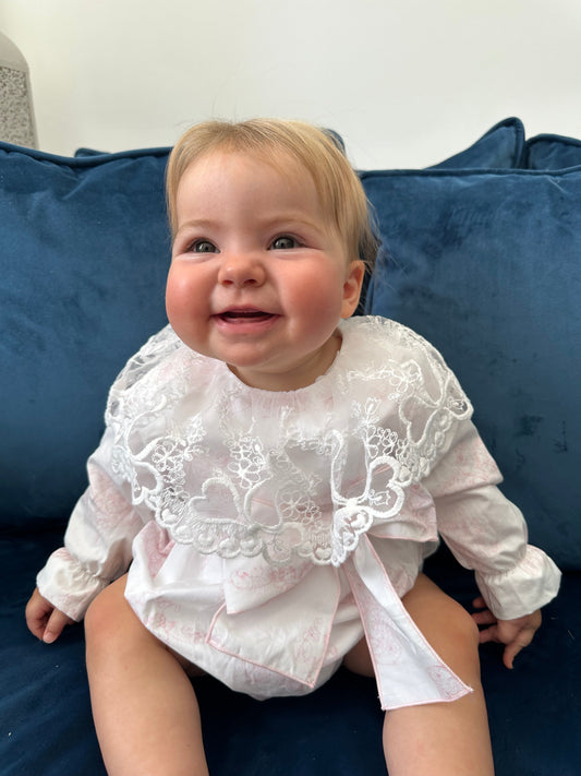 Phi Ivory & Pale Pink Angel Print Frill Collared Romper