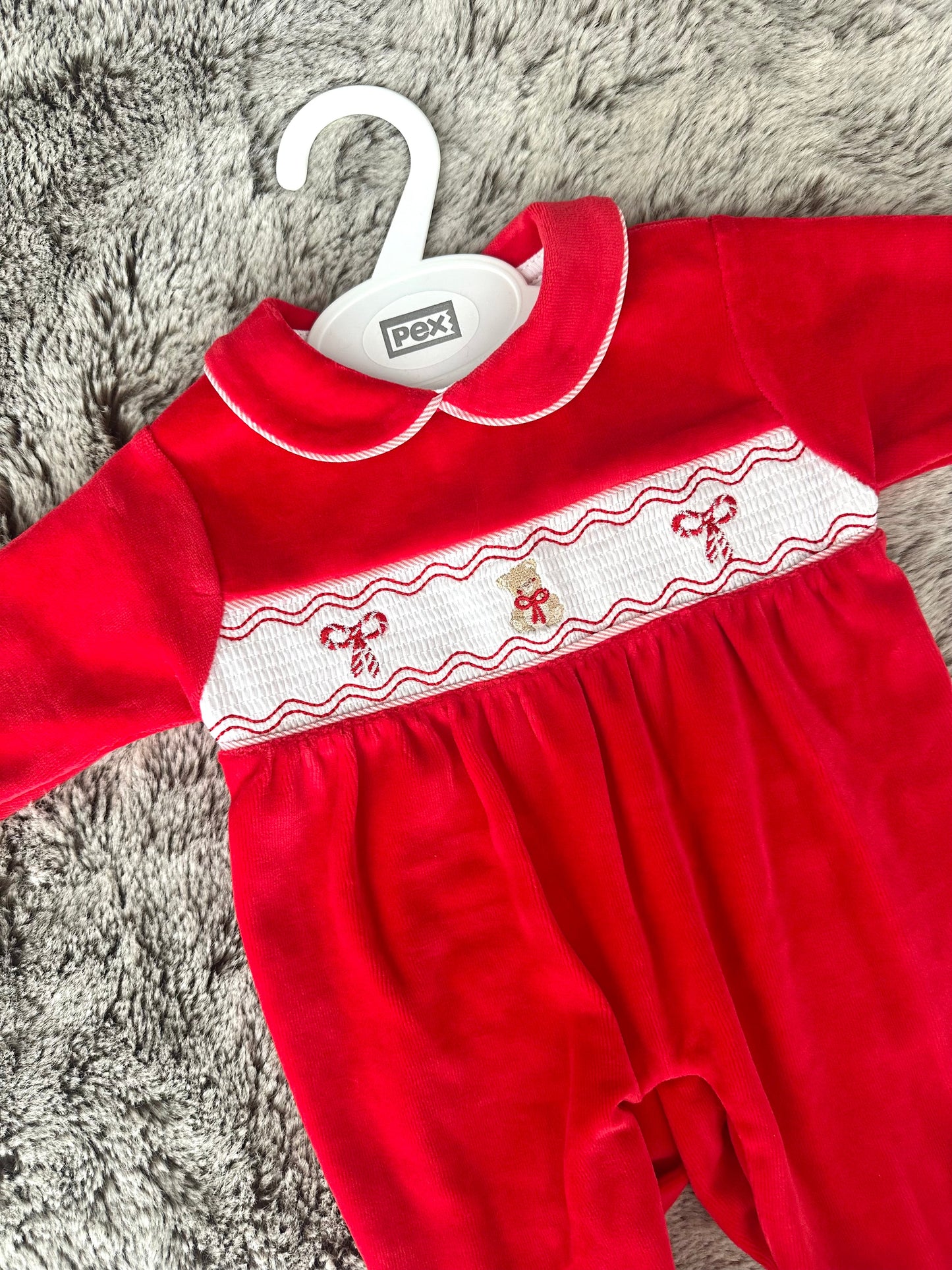 Pex Red Velour Smocked Bow Babygrow